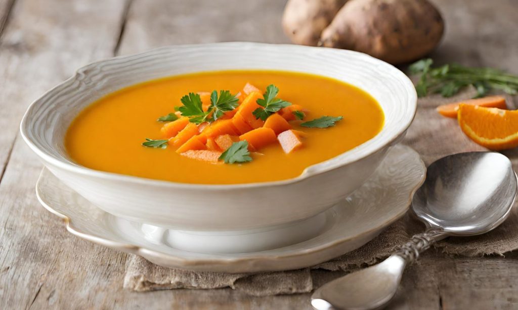 Sopa de batata-doce com cenoura e laranja