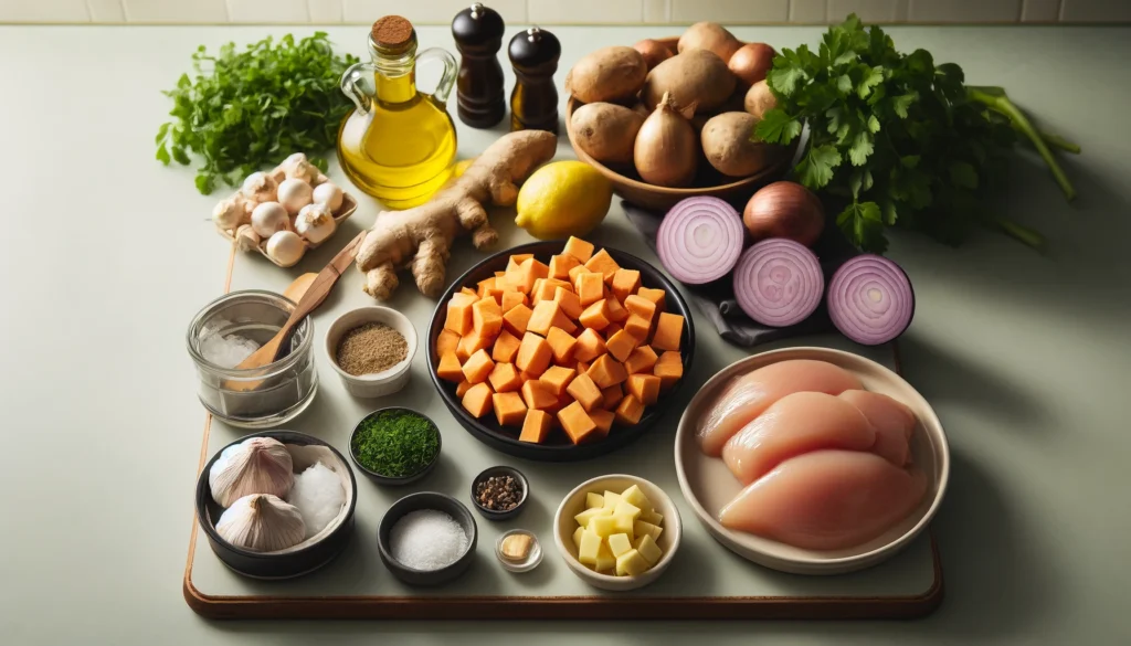 Ingredientes Necessários para o Caldo de Frango com Batata Doce e Gengibre