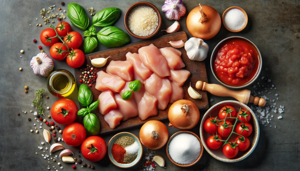Ingredientes necessários para preparar o frango ao molho de tomate