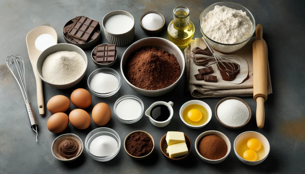 Ingredientes para fazer o Bolo de Chocolate com Recheio de Prestígio