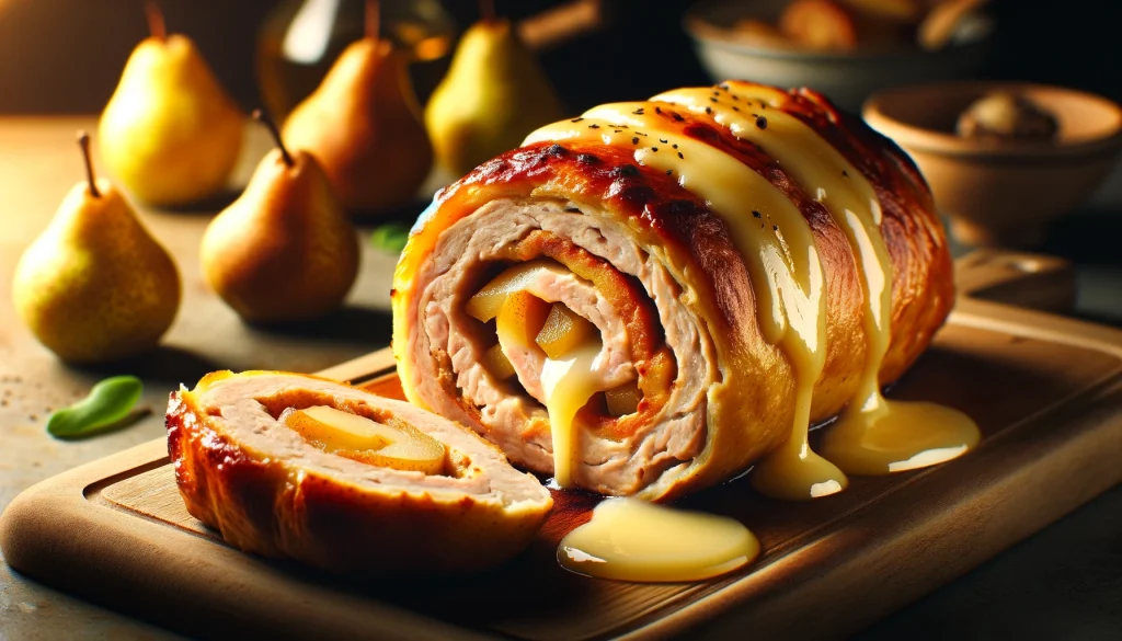 Receita de Rocambole de carne recheado com pera e queijo