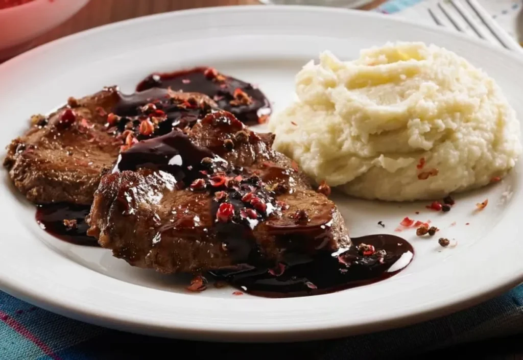 Filé Mignon ao Molho de Vinho com Purê de Batatas Trufado