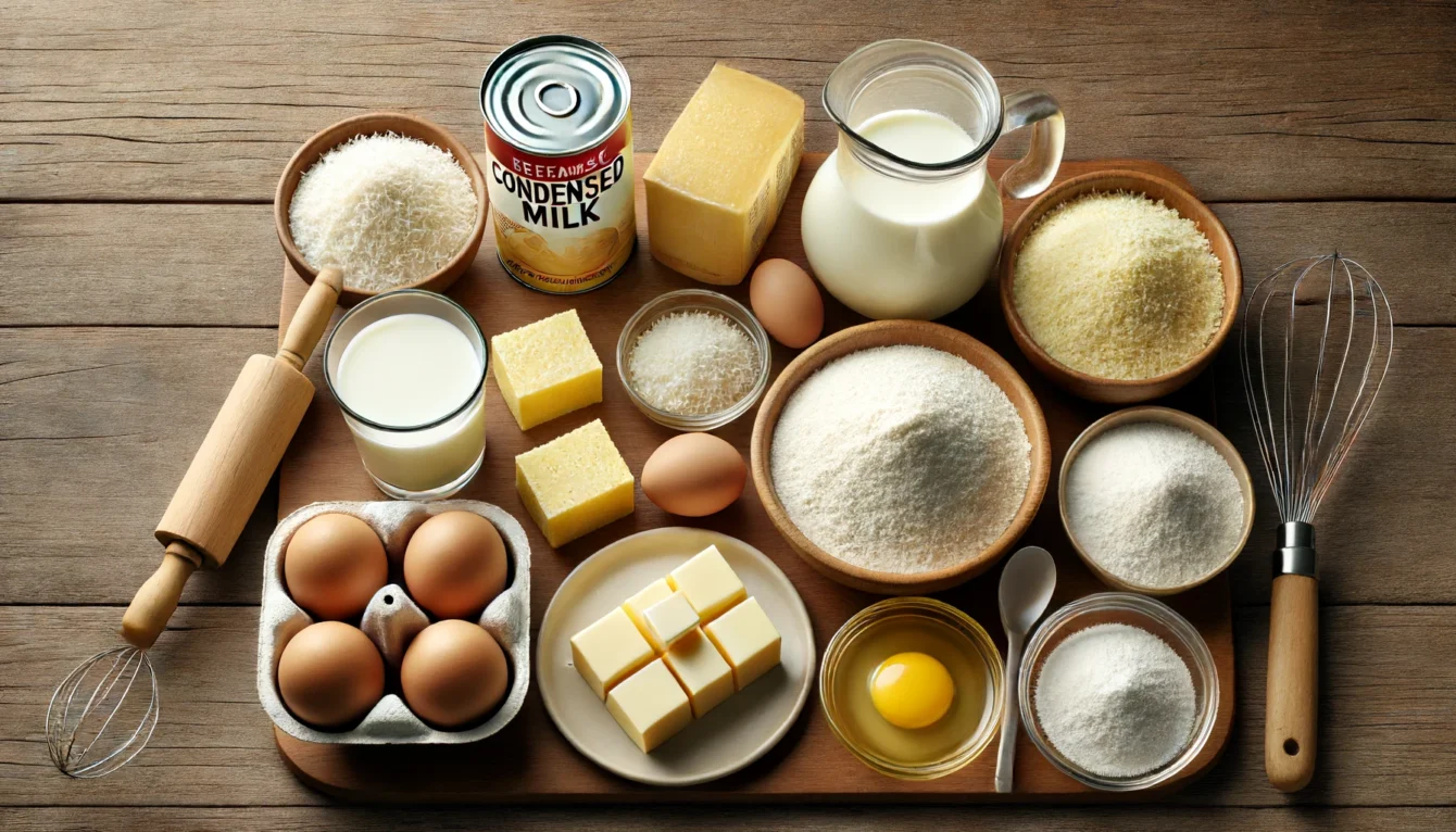 Ingredientes do Bolo Queijadinha Cremoso de Liquidificador com Leite Condensado
