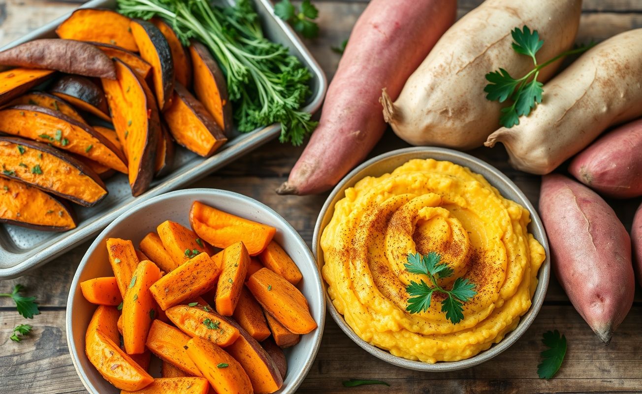 Preparações variadas de batata-doce assada e cozida