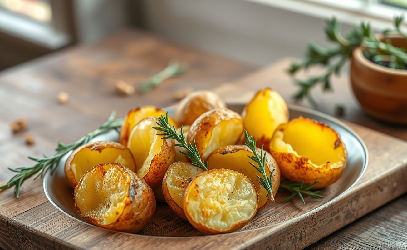 Batatas assadas no forno com casca, douradas e guarnecidas com ervas frescas sobre uma mesa rústica.