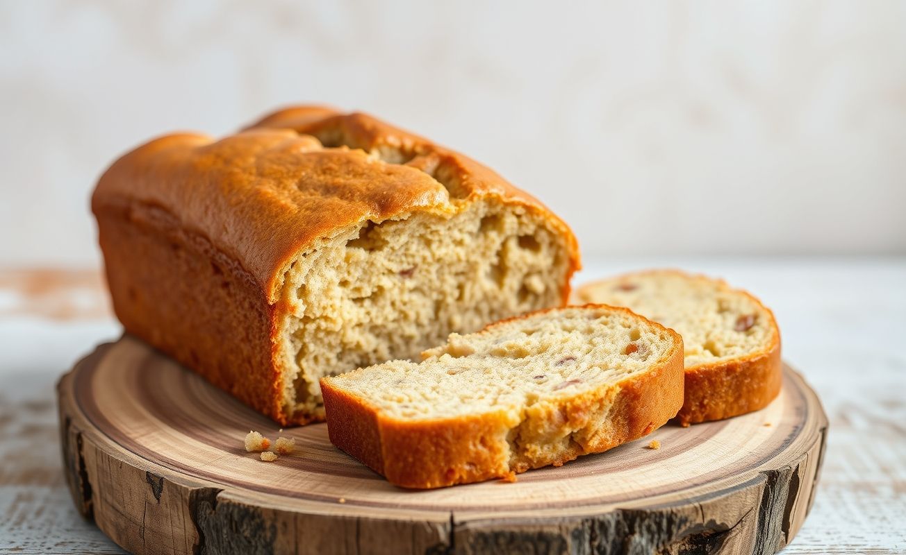 Bolo de banana com farinha de arroz, acabado de sair do forno, com uma cor dourada vibrante e textura fofa, servido em uma tábua rústica.