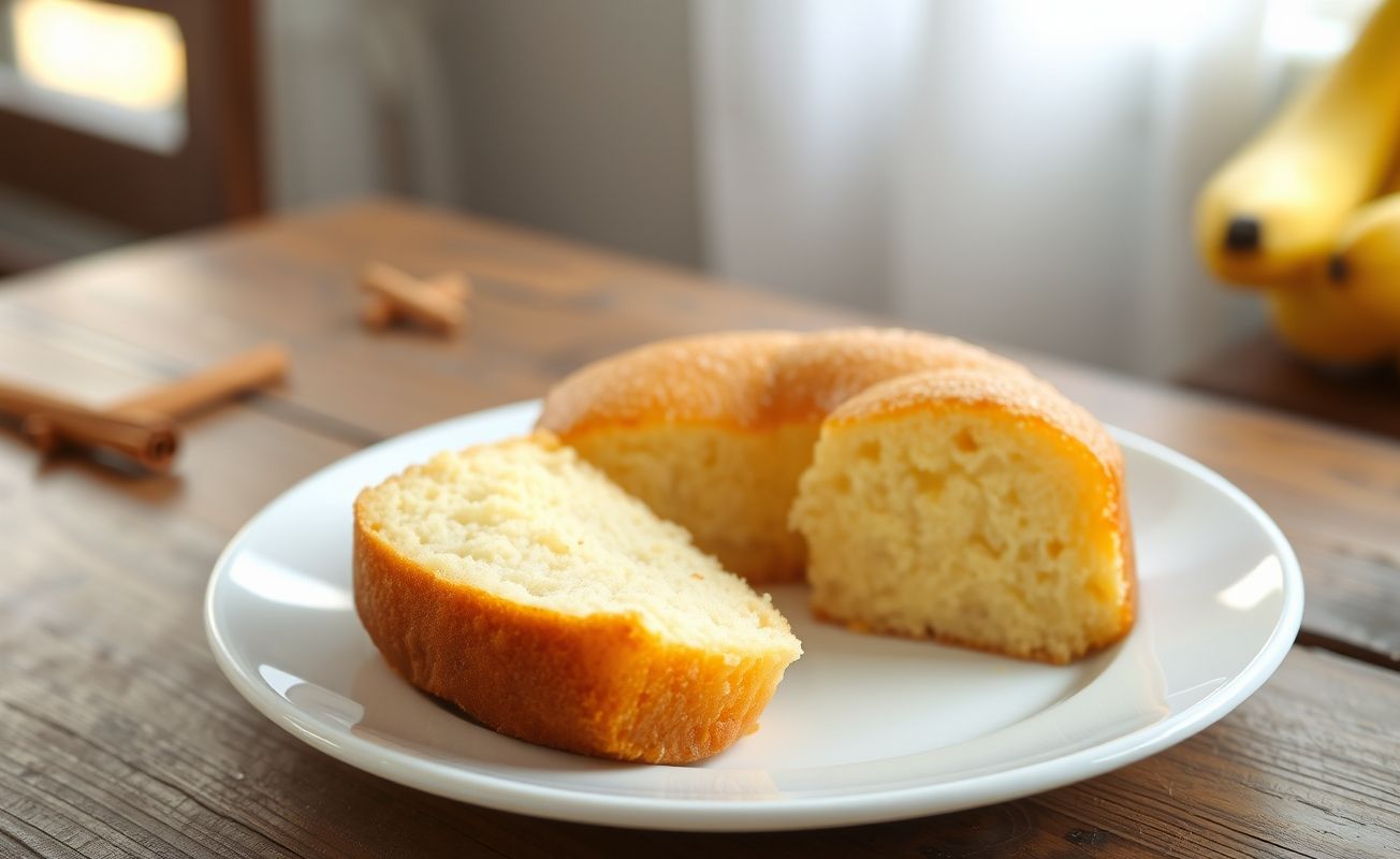 Bolo de Banana Prata no liquidificador, servido em prato branco com textura fofa e aroma de banana fresca