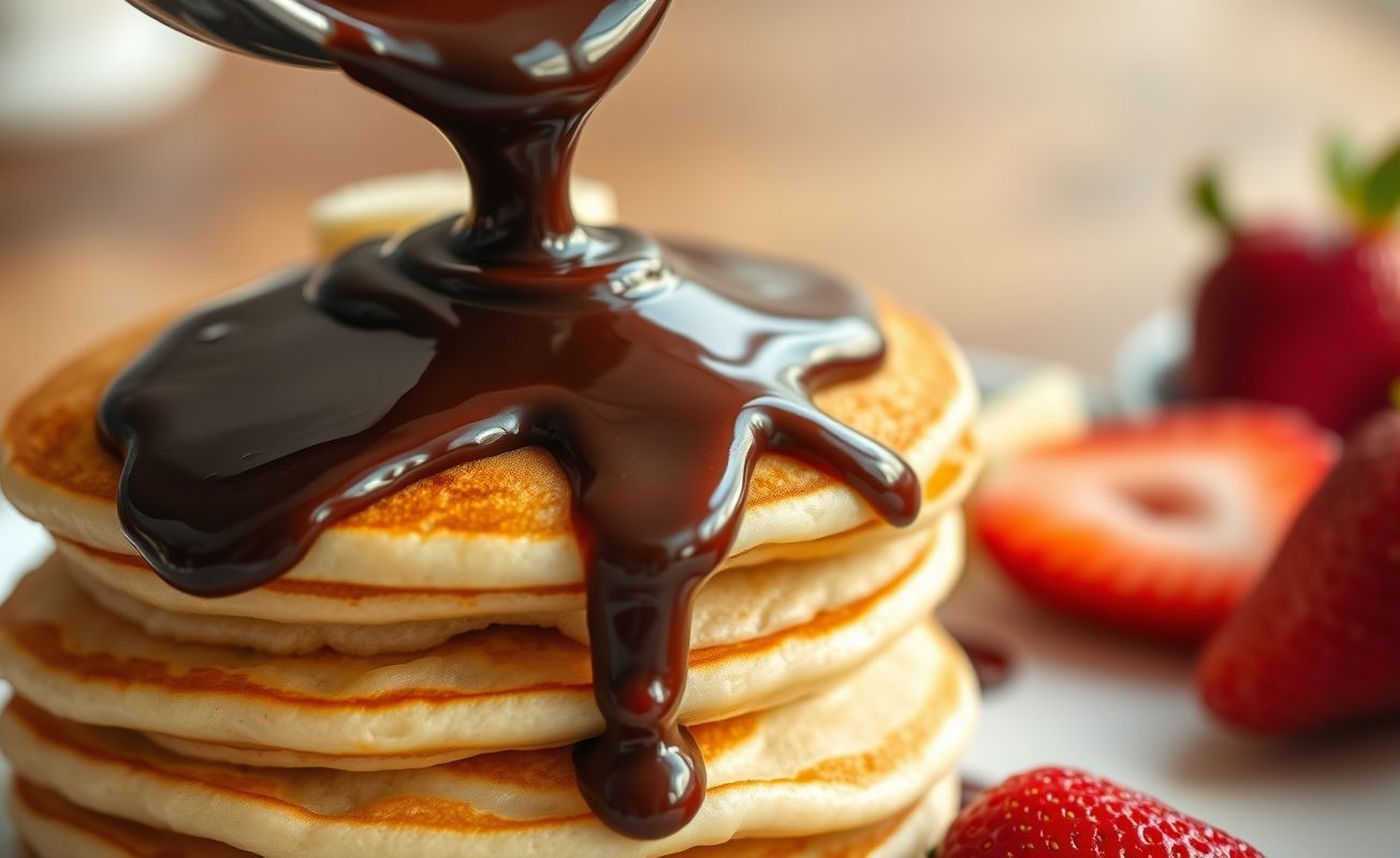 Calda de chocolate caseira derramando sobre panquecas