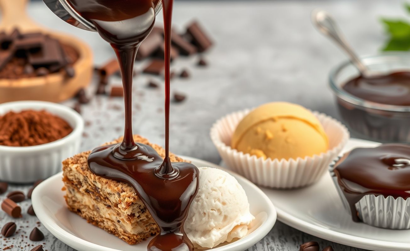Calda de chocolate escorrendo sobre sobremesas