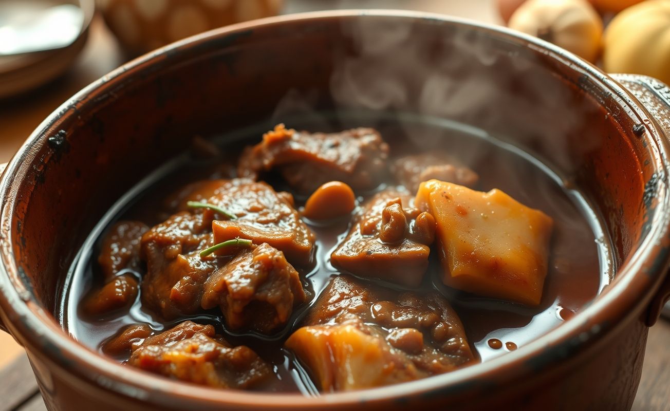Imagem mostrando Carne de Panela Simples em um prato rústico, carne suculenta e tenra com molho espesso, servida quente.