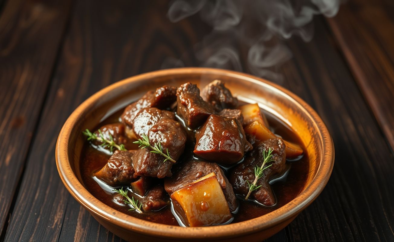 Carne macia e suculenta cozida em cerveja preta, servida numa travessa rústica com molho encorpado e tomilho fresco