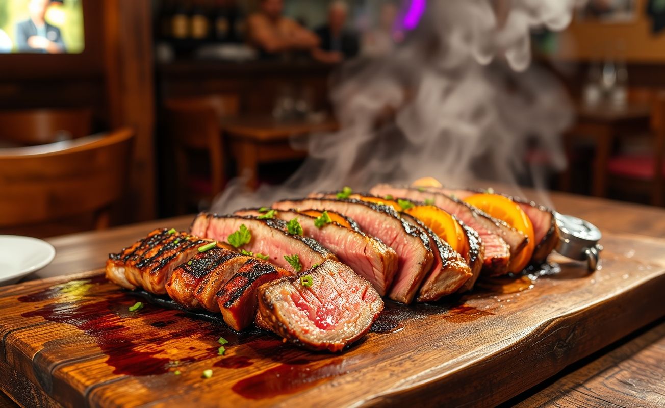 Churrasco na Panela de Pressão, suculento e aromático, servido em um prato rústico com acompanhamentos coloridos