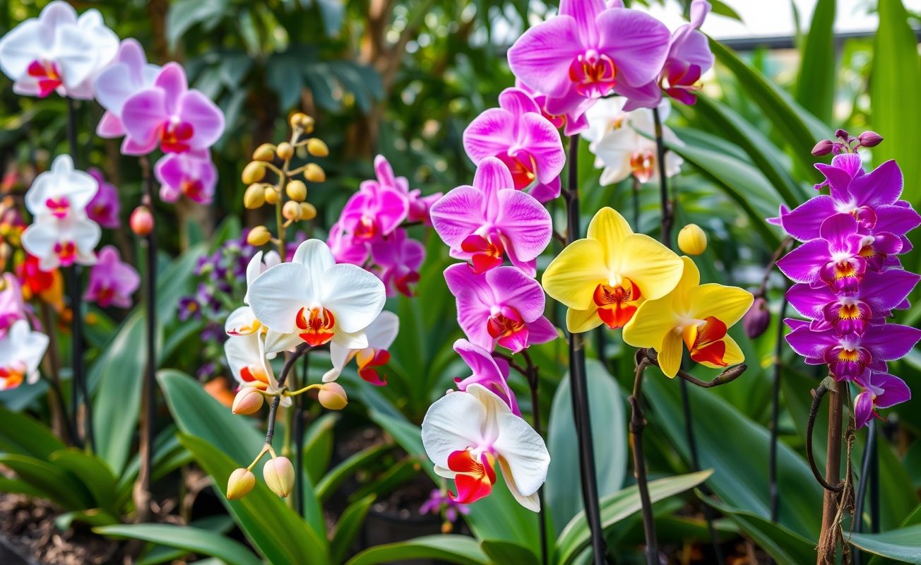 Orquídeas coloridas em plena floração em ambiente tropical