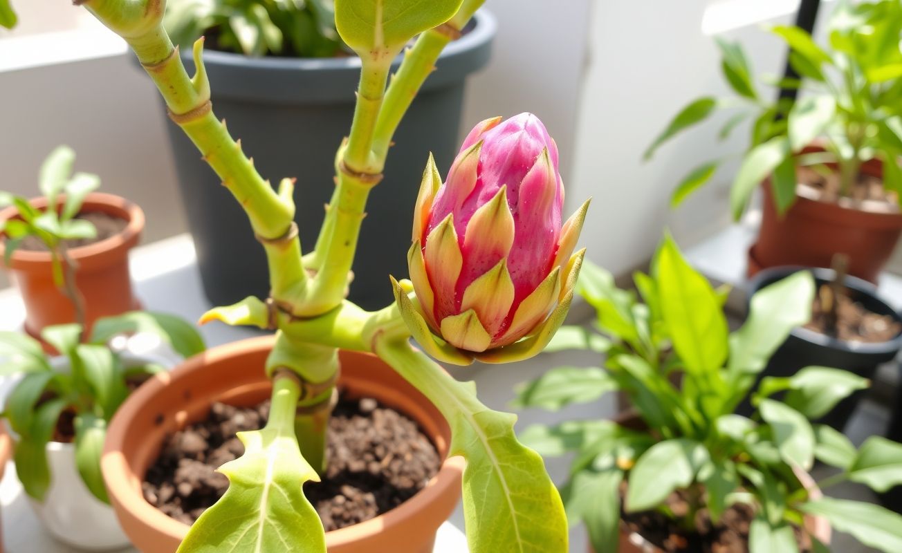 Cultivo caseiro de pitaya com fruto maduro