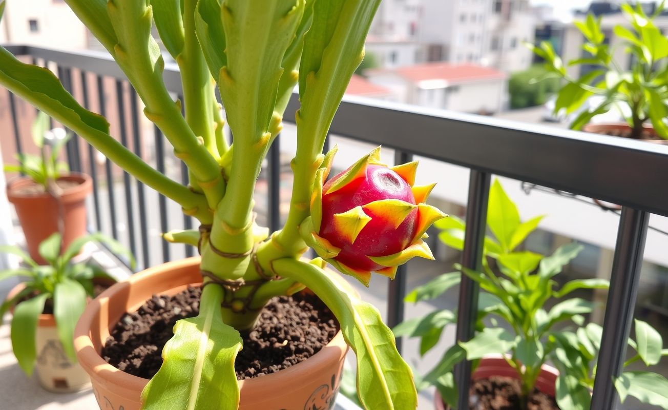 Pitaya vermelha cultivada em vaso de cerâmica