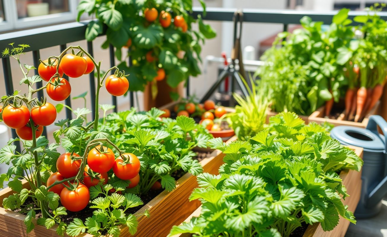 horta caseira com tomates, alface e cenouras cultivados em casa