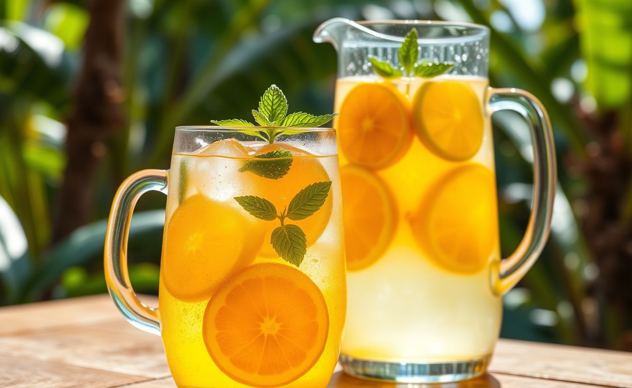 Jarra de suco cítrico com fatias de laranja e limão, hortelã e gelo, servida gelada em jarra transparente