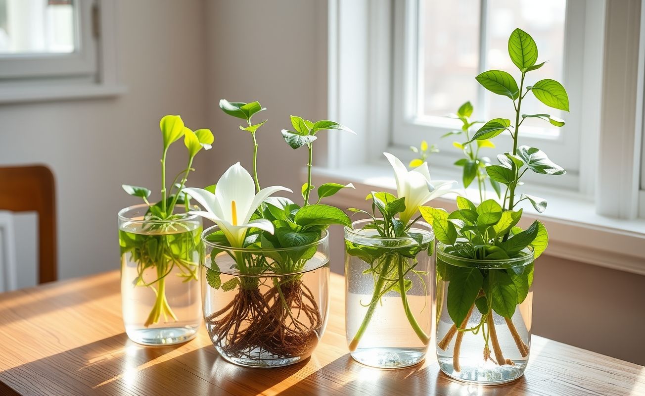 Plantas cultivadas em recipientes com água transparente