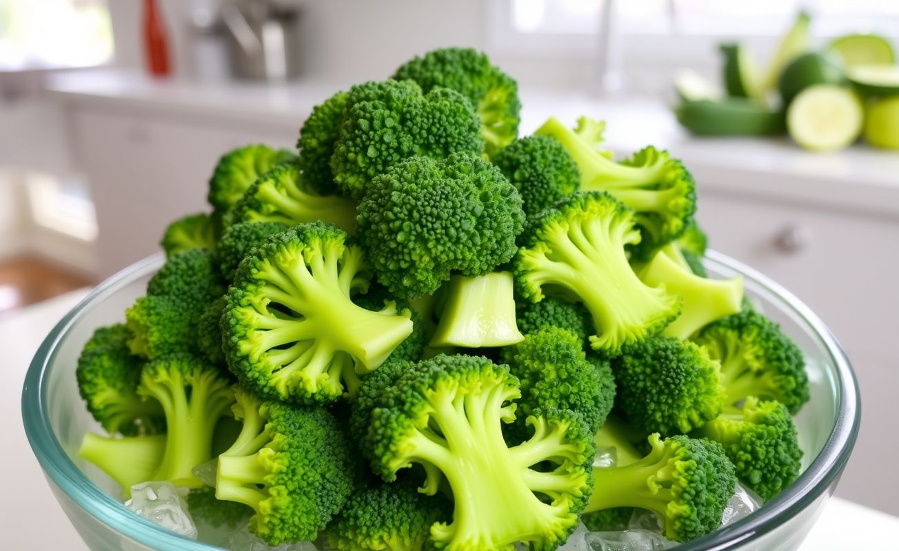 Floretes de brócolis verdes vibrantes, cozidos e congelados, prontos para uso, como em sopas ou refogados.