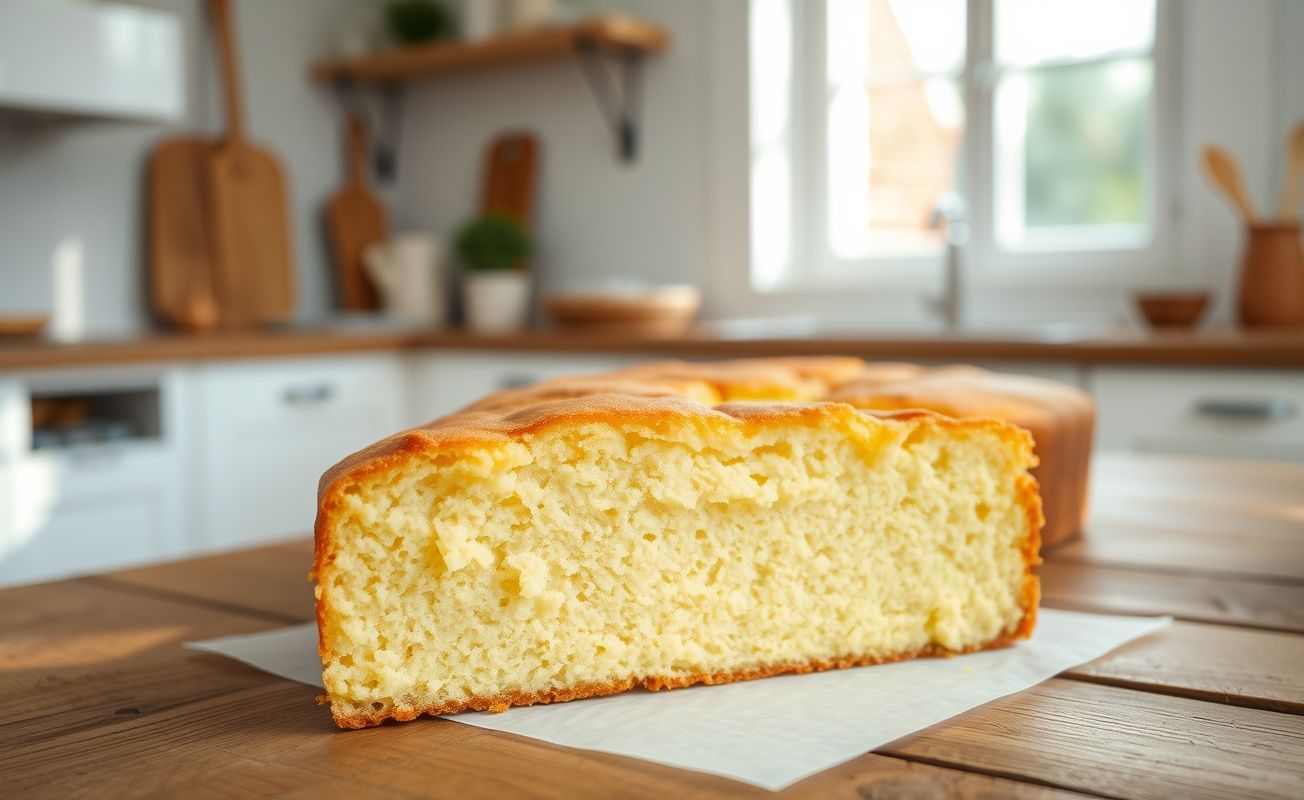 Bolo dourado e fofinho, preparado sem leite, apresentado numa mesa de madeira com textura suave e cor vibrante