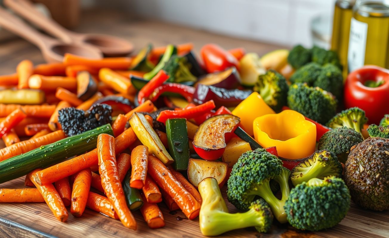 Legumes coloridos assados com aparência suculenta